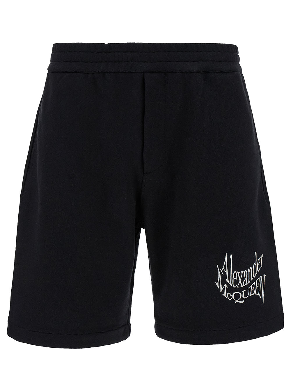 Alexander Mcqueen Men Black Shorts With Contrasting Logo Lettering Print In Cotton Man by Luosophy
