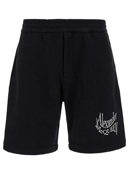 Alexander Mcqueen Men Black Shorts With Contrasting Logo Lettering Print In Cotton Man by Luosophy