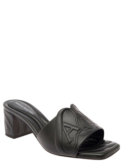 Alexander Mcqueen Women Black Slip-On Sandals With Embossed Logo In Padded Leather Woman by Luosophy