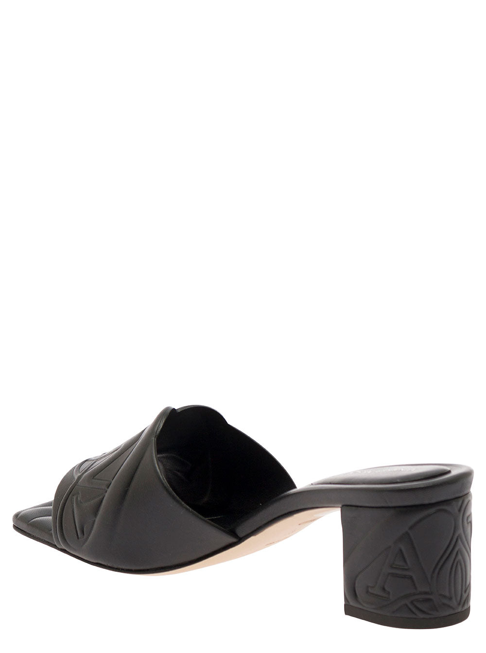 Alexander Mcqueen Women Black Slip-On Sandals With Embossed Logo In Padded Leather Woman by Luosophy