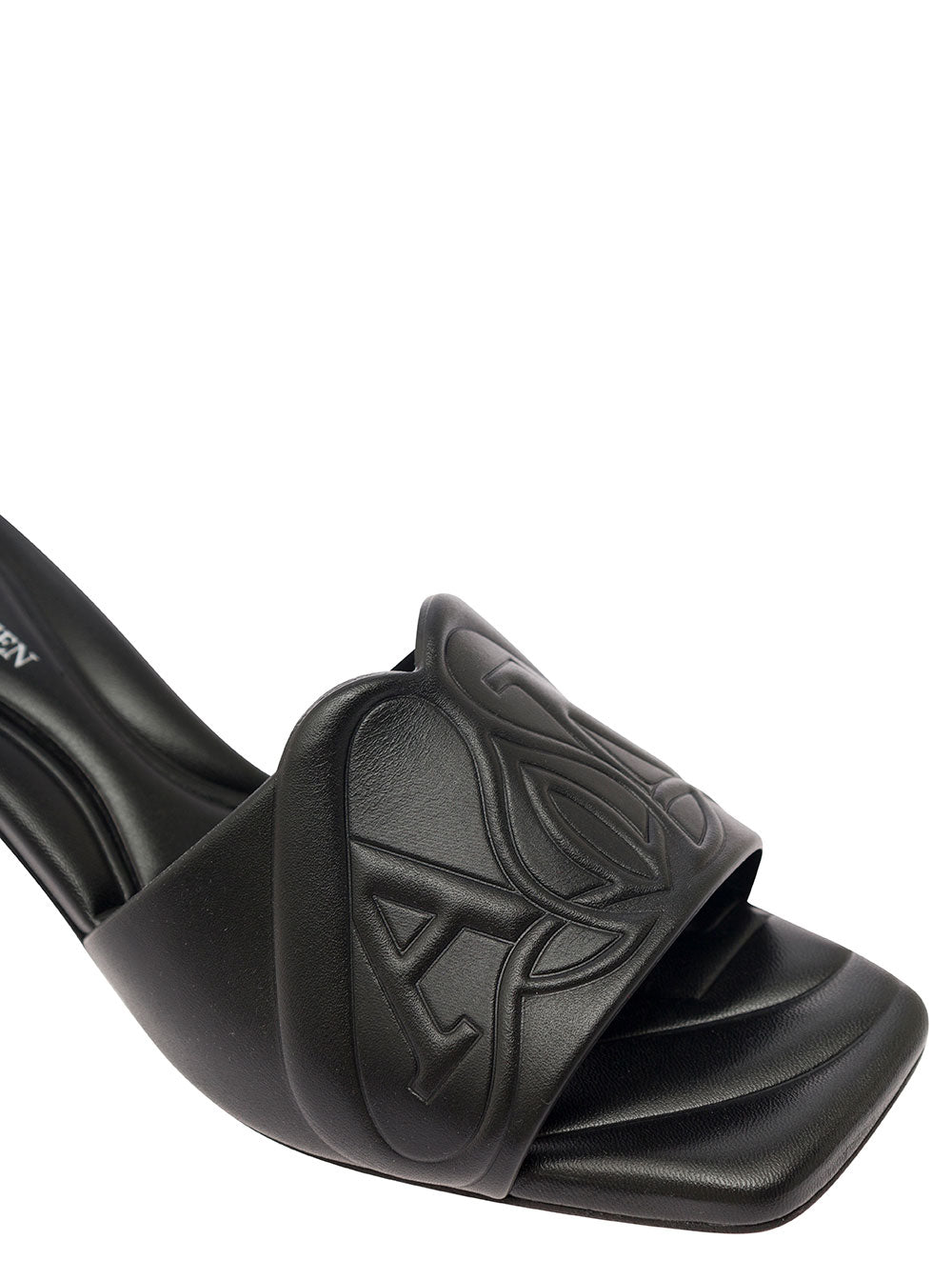 Alexander Mcqueen Women Black Slip-On Sandals With Embossed Logo In Padded Leather Woman by Luosophy