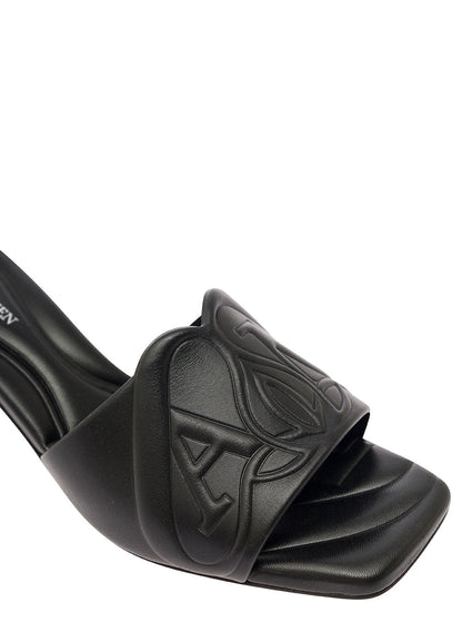 Alexander Mcqueen Women Black Slip-On Sandals With Embossed Logo In Padded Leather Woman by Luosophy