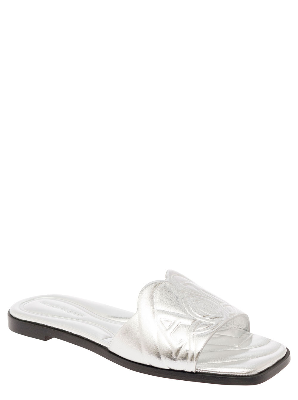 Alexander Mcqueen Women Metallic Flat Sandals With Embossed Motif In Metallic Leather Woman by Luosophy