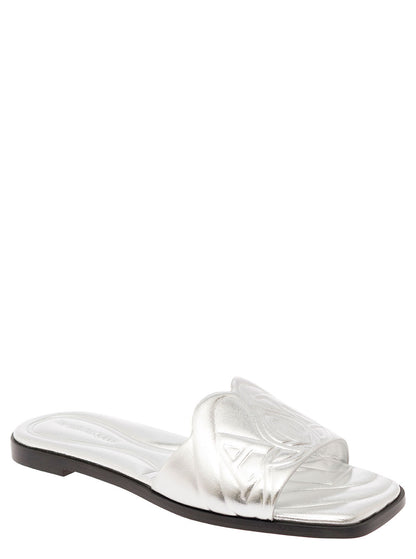 Alexander Mcqueen Women Metallic Flat Sandals With Embossed Motif In Metallic Leather Woman by Luosophy