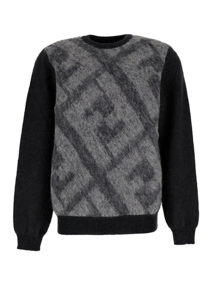 Fendi Men Grey Sweater With Jacquard Ff Motif In Wool Man by Luosophy