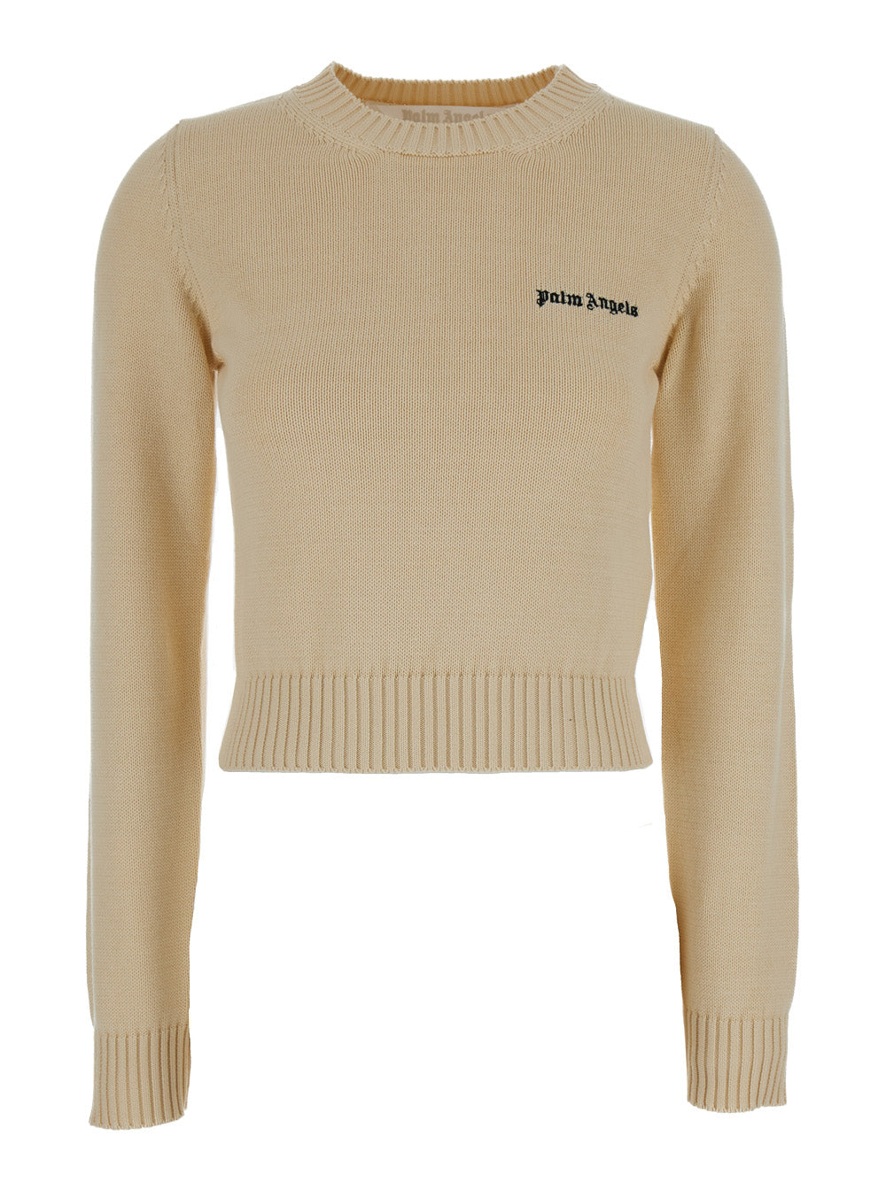 Palm Angels Women Cream White Crewneck Sweater With Embroidered Logo In Cotton Woman by Luosophy