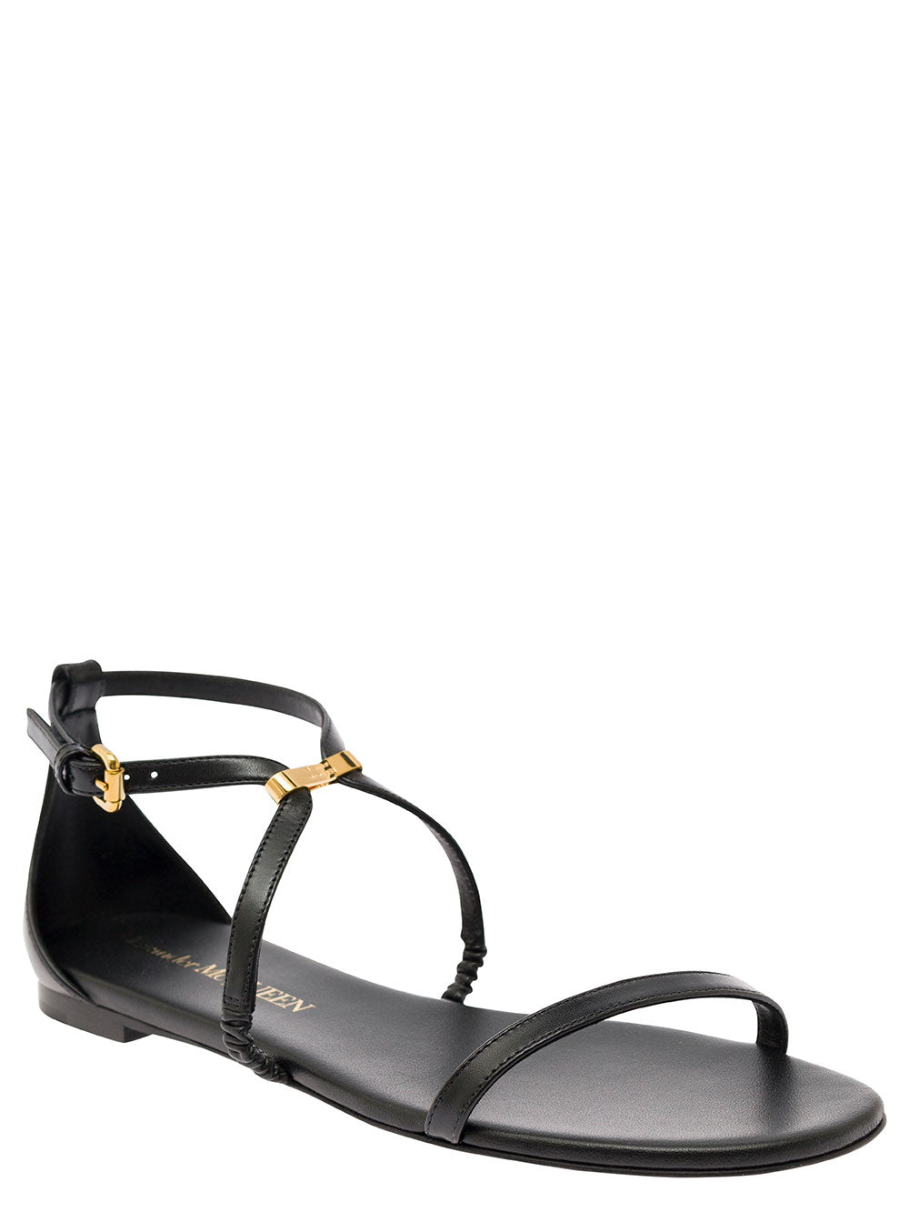 Alexander Mcqueen Women Black Low Sandals With Engraved Logo In Leather Woman by Luosophy