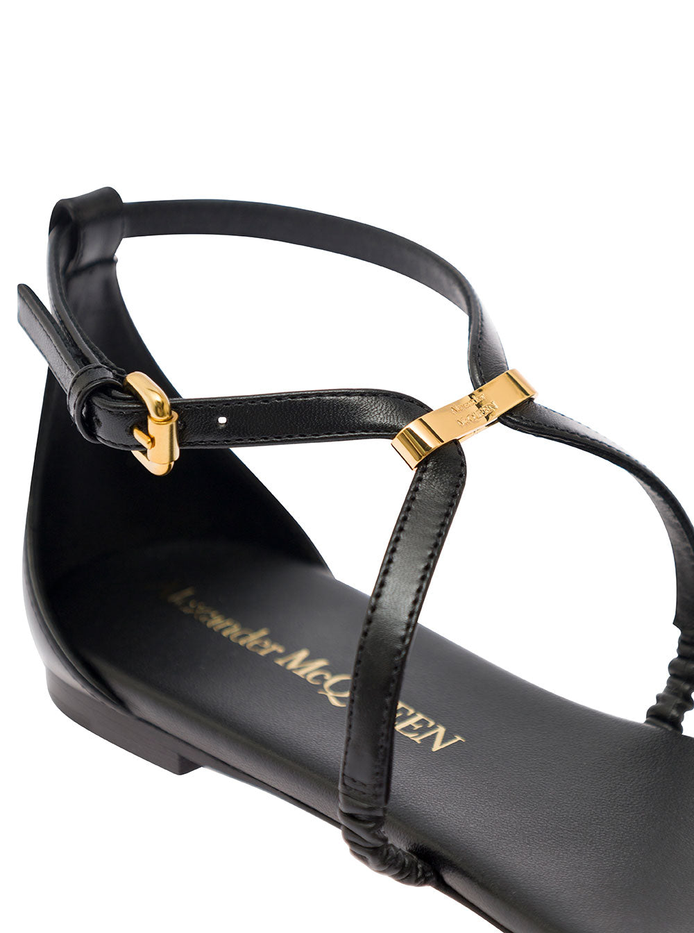 Alexander Mcqueen Women Black Low Sandals With Engraved Logo In Leather Woman by Luosophy