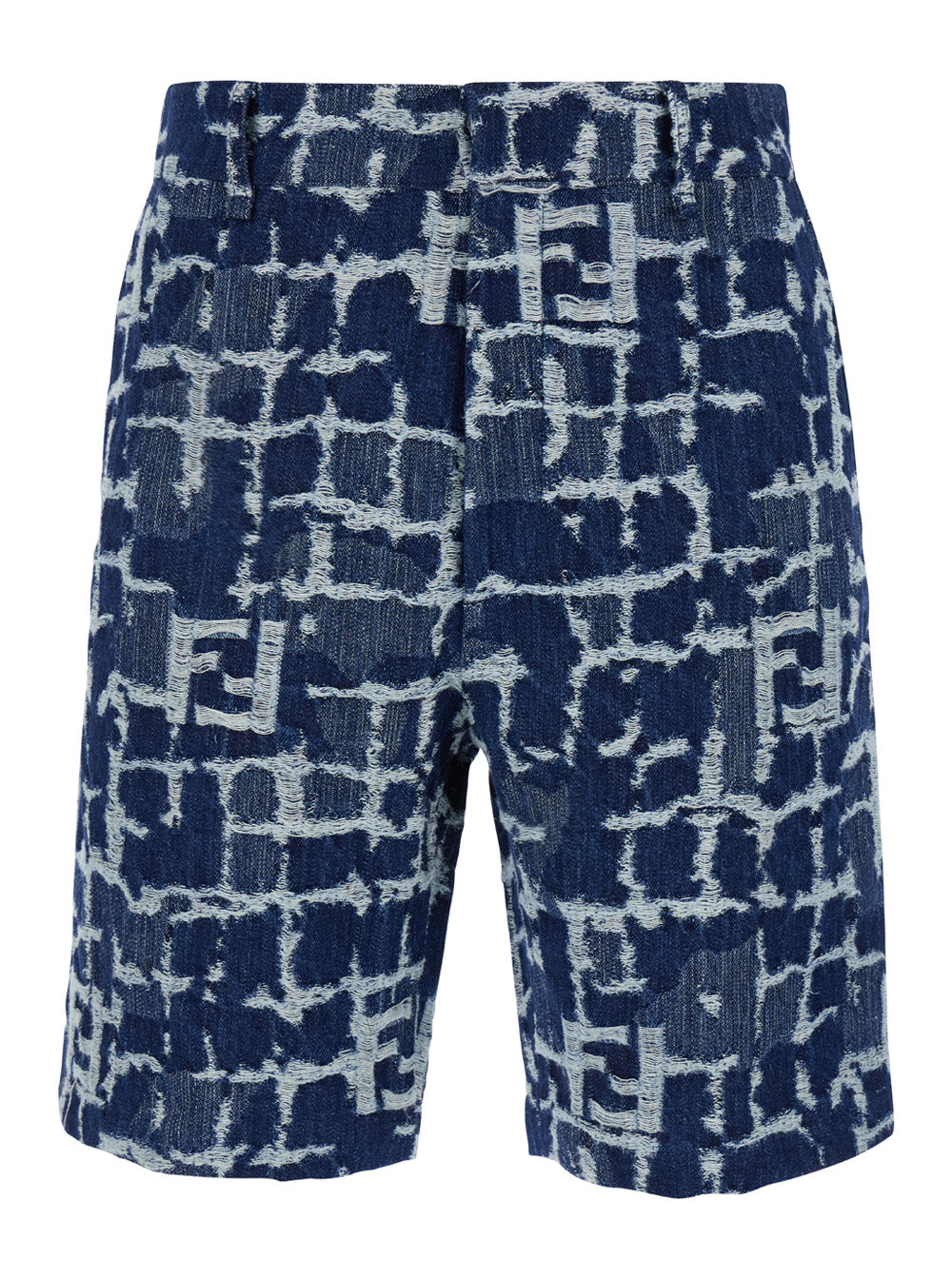 Fendi Men Blue Bermuda Shorts With Ff Print In Cotton And Linen Man by Luosophy