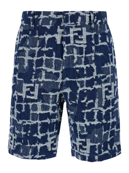 Fendi Men Blue Bermuda Shorts With Ff Print In Cotton And Linen Man by Luosophy
