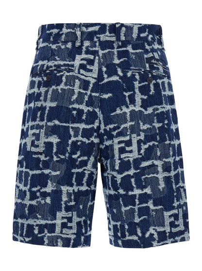 Fendi Men Blue Bermuda Shorts With Ff Print In Cotton And Linen Man by Luosophy