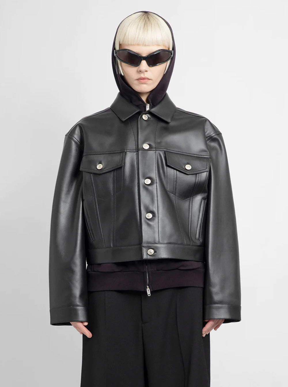 Balenciaga Women Black Cropped Jacket With Silver-Tone Branded Buttons In Super Smooth Leather Woman by Luosophy