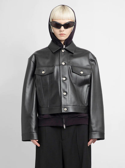 Balenciaga Women Black Cropped Jacket With Silver-Tone Branded Buttons In Super Smooth Leather Woman by Luosophy
