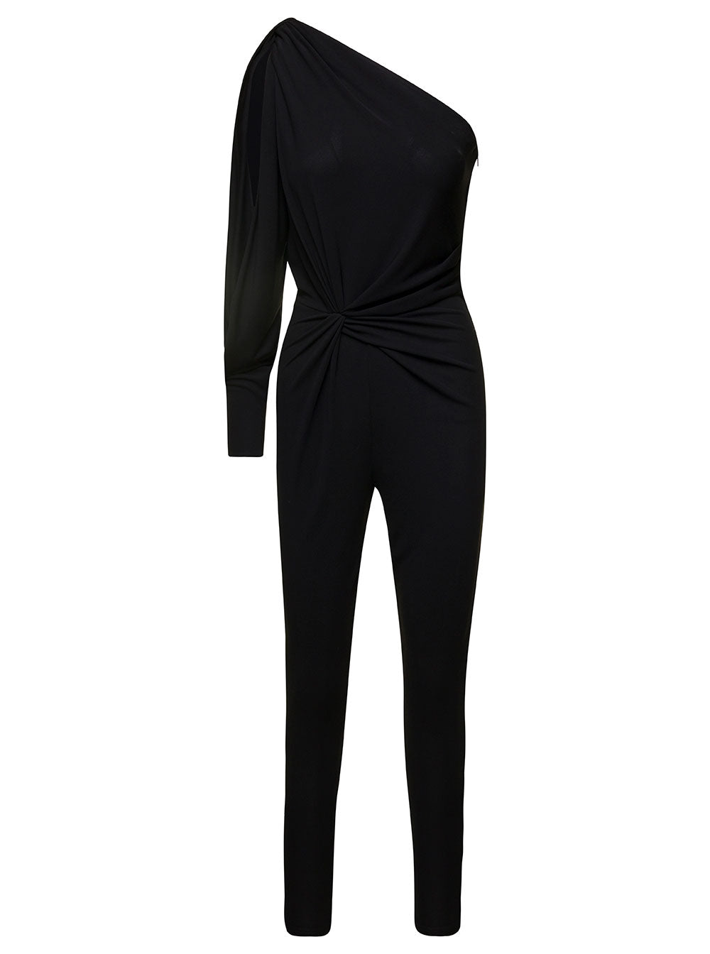 Saint Laurent Women Black One-Shoulder Jumpsuit With Side Gathering In Jersey Woman by Luosophy
