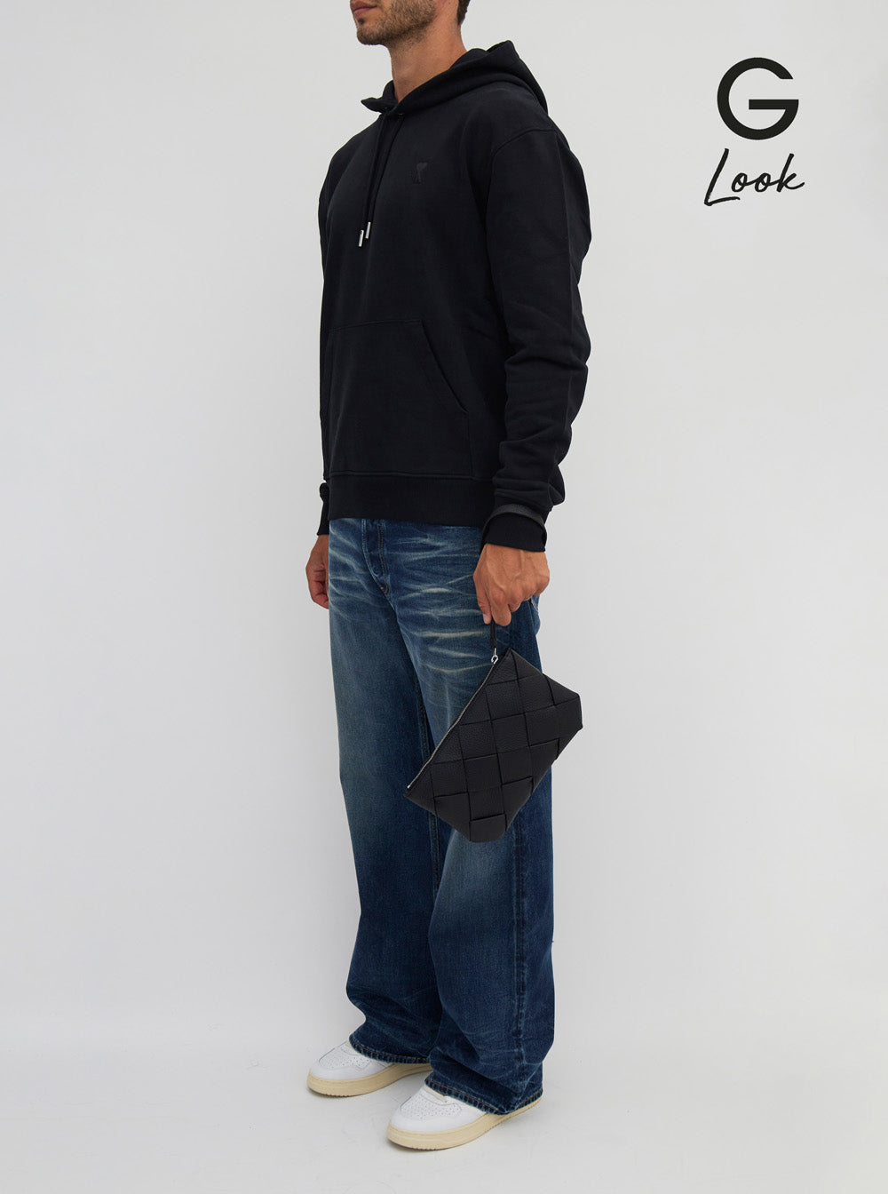 Bottega Veneta Men Black Medium Clutch With Intreccio Motif In Grained Leather Man by Luosophy