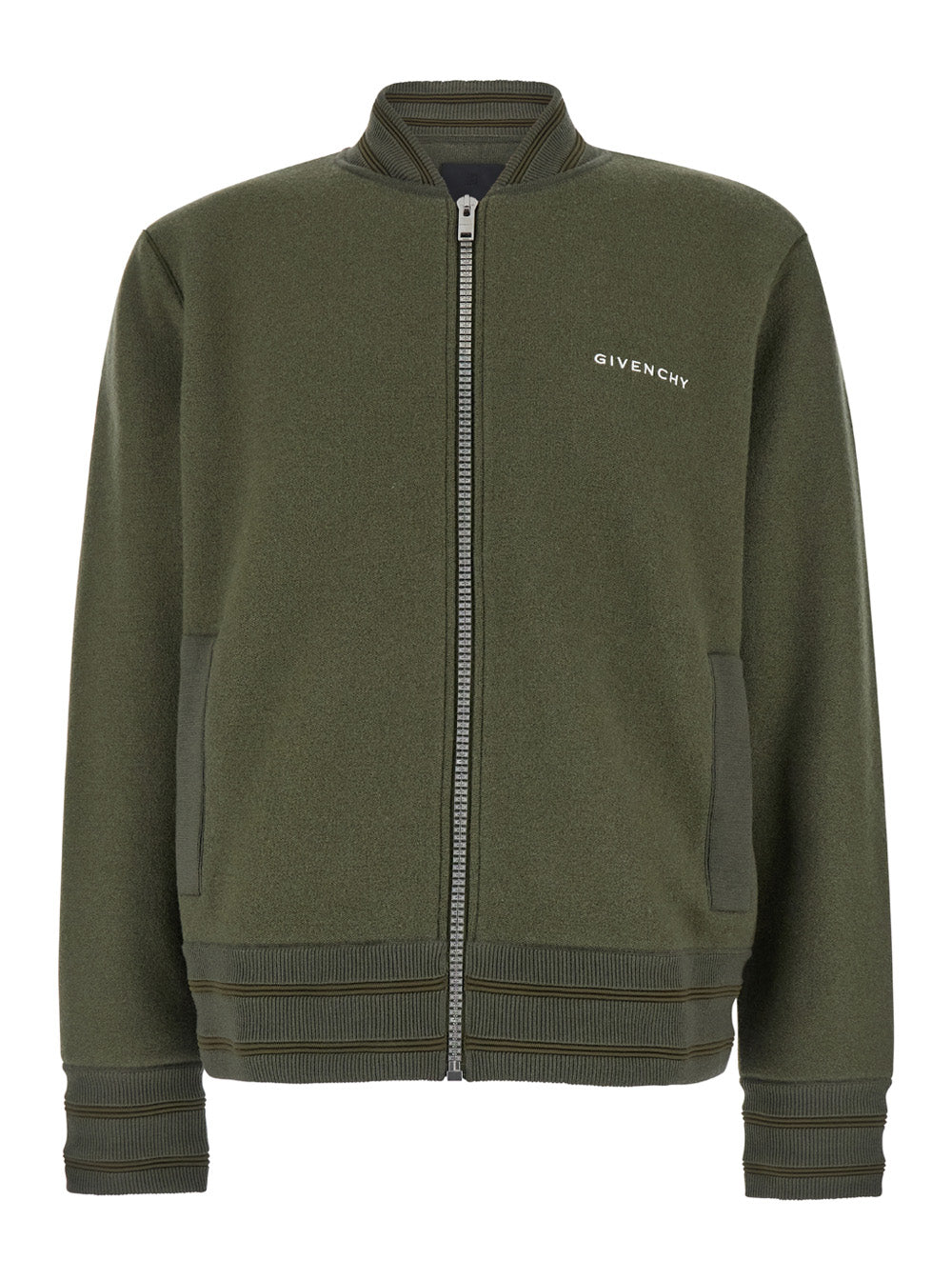 Givenchy Men Green Sweatshirt With Bomber Collar And 4G Logo In Wool Man by Luosophy