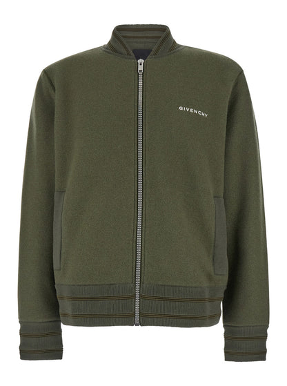 Givenchy Men Green Sweatshirt With Bomber Collar And 4G Logo In Wool Man by Luosophy