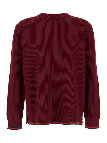 Gucci Men Red Crewneck Sweater With Web Detail In Ribbed Wool Blend Man by Luosophy