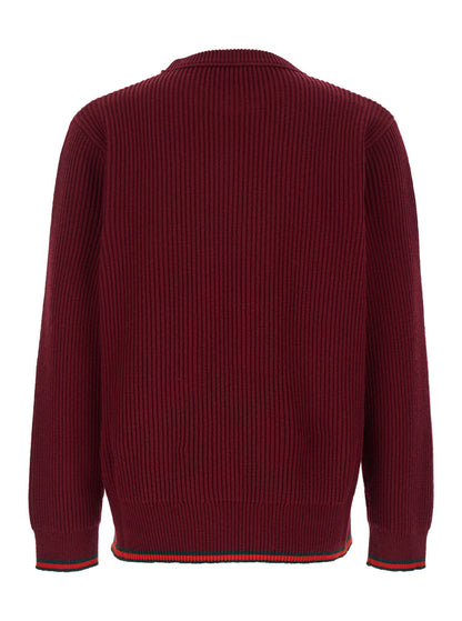 Gucci Men Red Crewneck Sweater With Web Detail In Ribbed Wool Blend Man by Luosophy