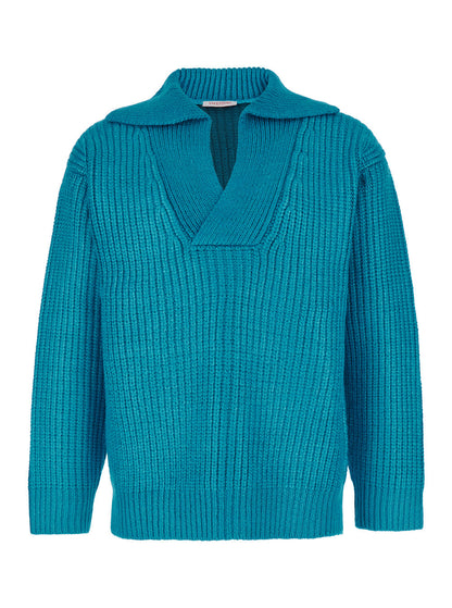 Valentino Men Light Blue Pullover With V Neck In Silk Blend Knit Man by Luosophy