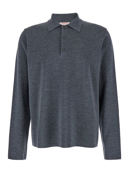 Valentino Men Grey Polo Shirt With Classic Collar And Long Sleeves In Wool Man by Luosophy