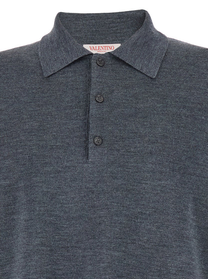 Valentino Men Grey Polo Shirt With Classic Collar And Long Sleeves In Wool Man by Luosophy