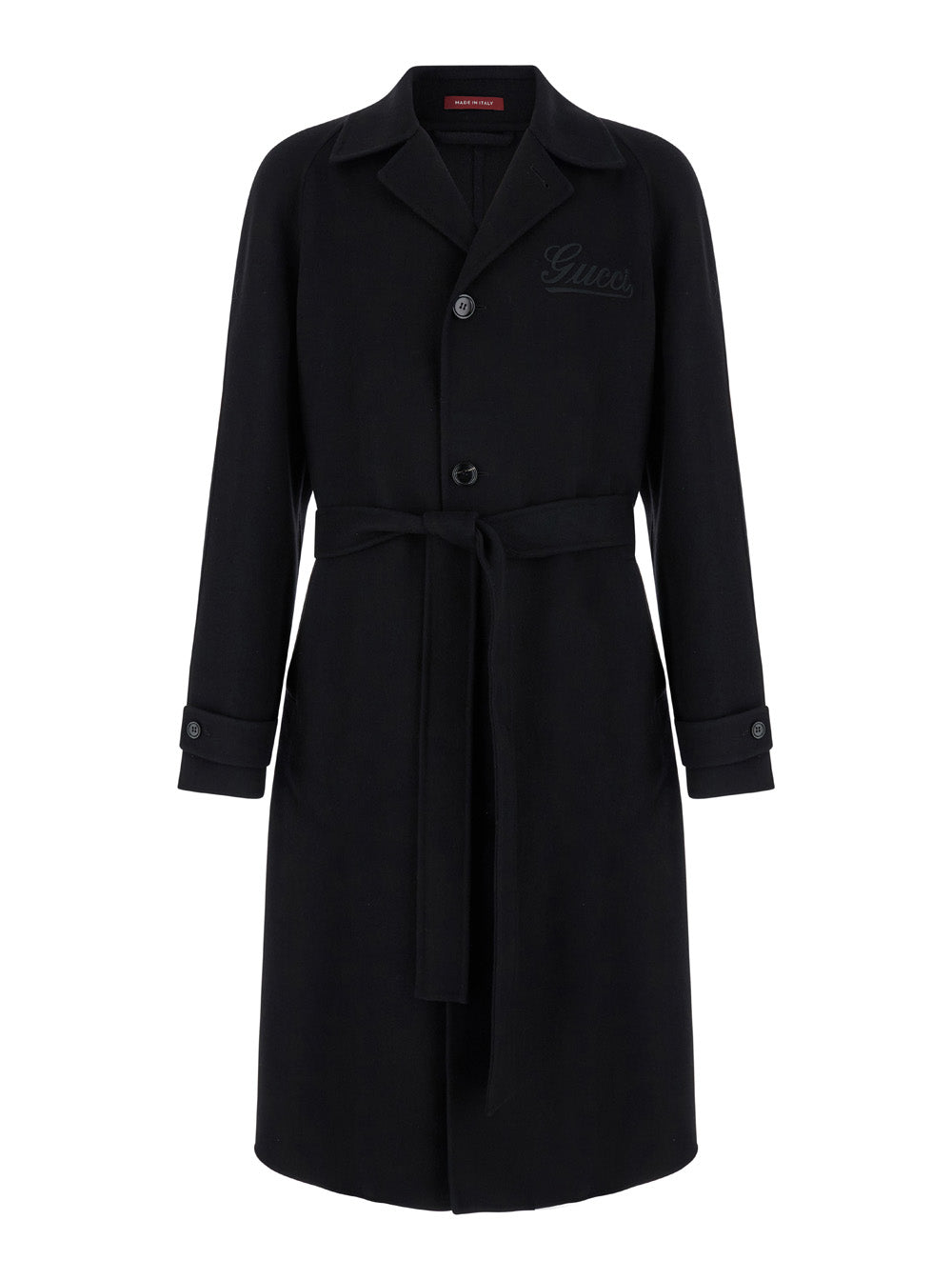 Gucci Men Black Single-Breasted Coat With Wide Notched Revers And Belt In Wool Man by Luosophy