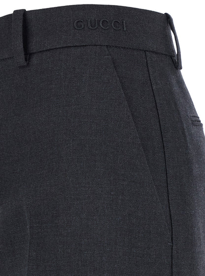 Gucci Women Grey Pants With Logo Lettering Detail On The Waist In Wool Woman by Luosophy