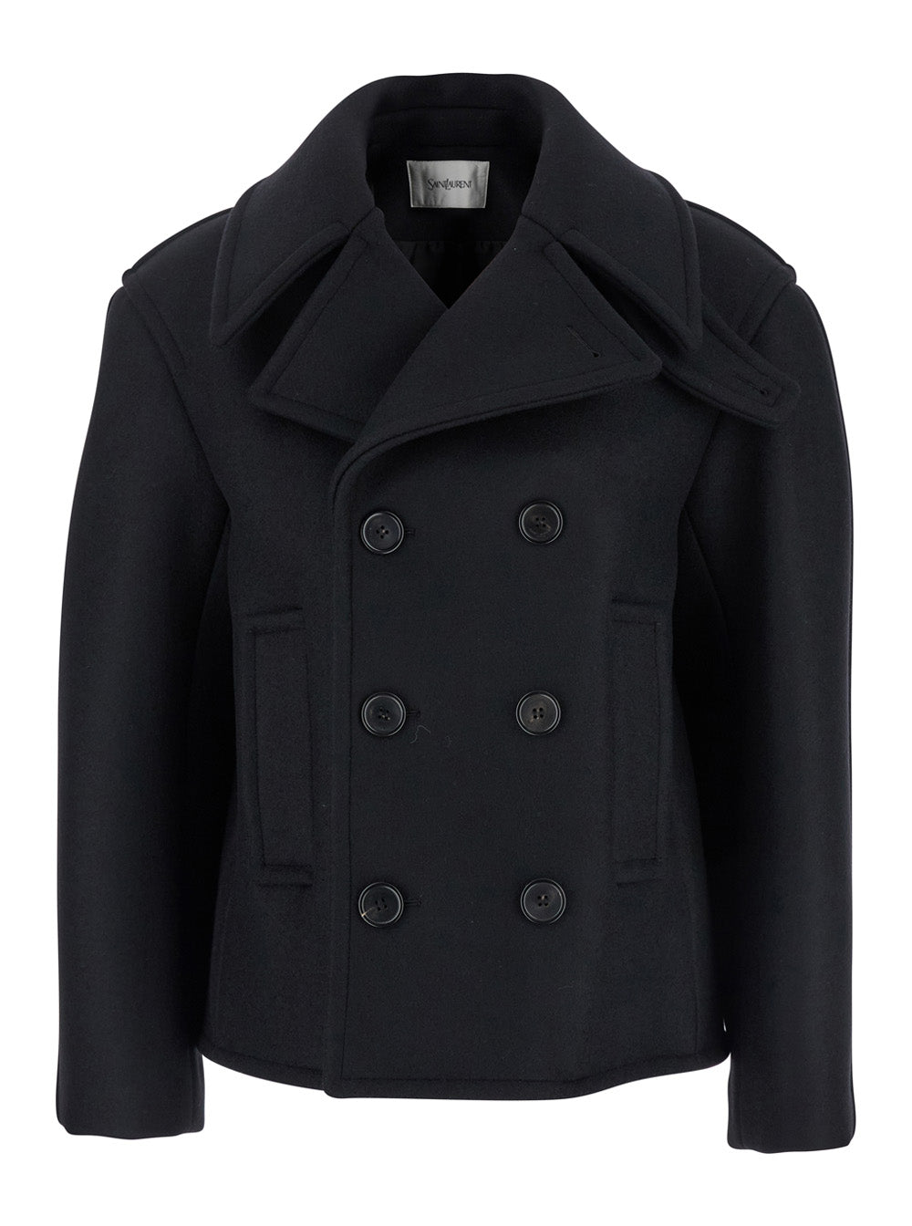 Saint Laurent Women Black Double-Breasted Coat With Classic Wide Revers In Wool Woman by Luosophy