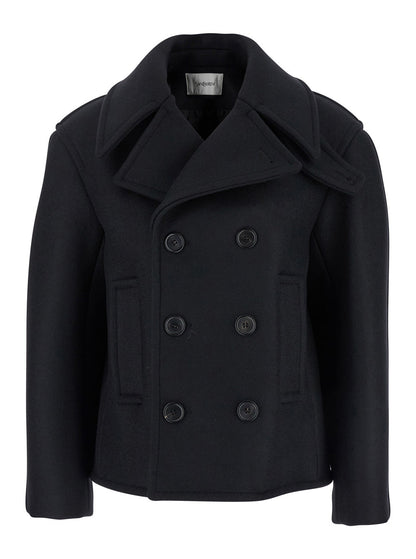 Saint Laurent Women Black Double-Breasted Coat With Classic Wide Revers In Wool Woman by Luosophy