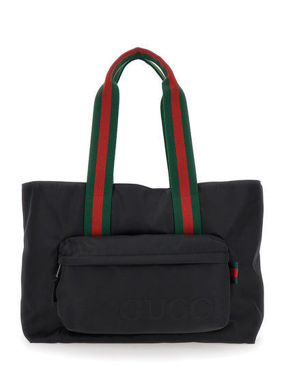 Gucci Men Black Tote Bag With Web Handles And Logo Lettering On The Front In Tech Fabric Man by Luosophy
