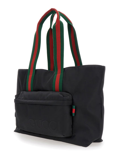 Gucci Men Black Tote Bag With Web Handles And Logo Lettering On The Front In Tech Fabric Man by Luosophy