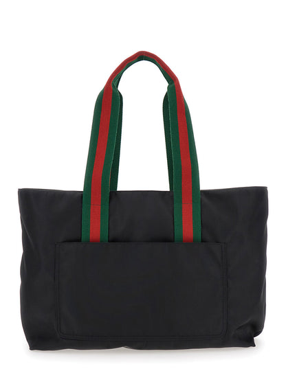 Gucci Men Black Tote Bag With Web Handles And Logo Lettering On The Front In Tech Fabric Man by Luosophy