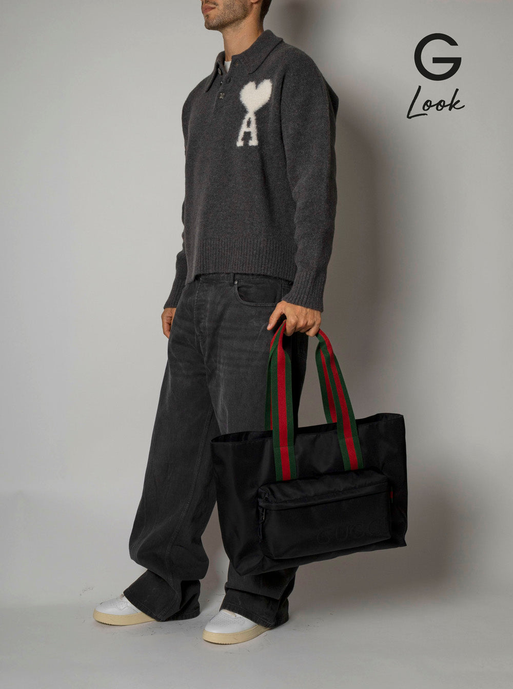 Gucci Men Black Tote Bag With Web Handles And Logo Lettering On The Front In Tech Fabric Man by Luosophy