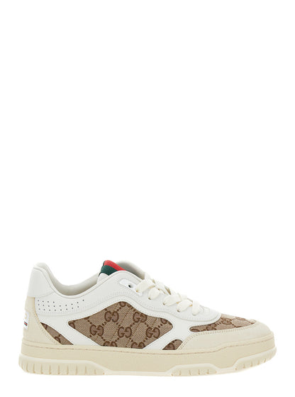 Gucci Women White And Beige Low Top Sneakers With Web Detail In Leather And Gg Supreme Canvas Woman by Luosophy