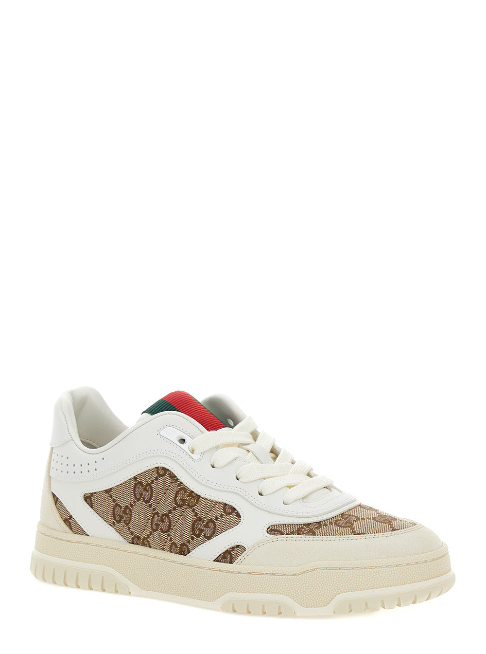 Gucci Women White And Beige Low Top Sneakers With Web Detail In Leather And Gg Supreme Canvas Woman by Luosophy