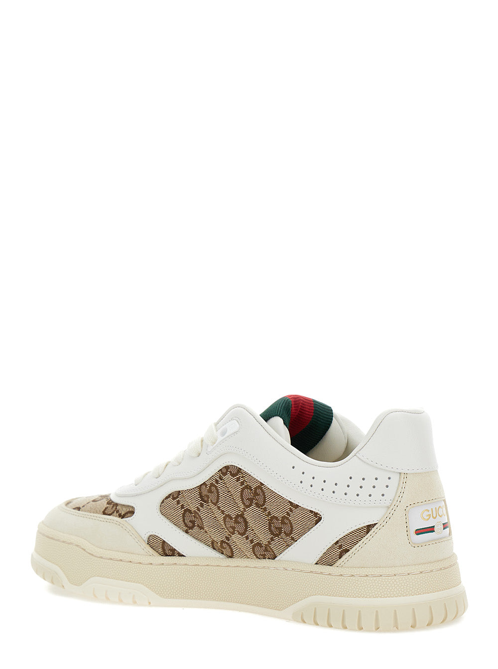 Gucci Women White And Beige Low Top Sneakers With Web Detail In Leather And Gg Supreme Canvas Woman by Luosophy