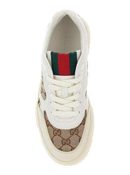 Gucci Women White And Beige Low Top Sneakers With Web Detail In Leather And Gg Supreme Canvas Woman by Luosophy