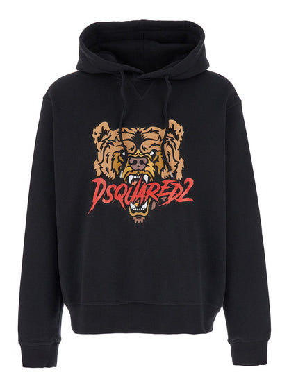 Dsquared2 Men Black Hoodie With Drawstring Hood And Maxi Logo Print On The Front In Cotton Man by Luosophy
