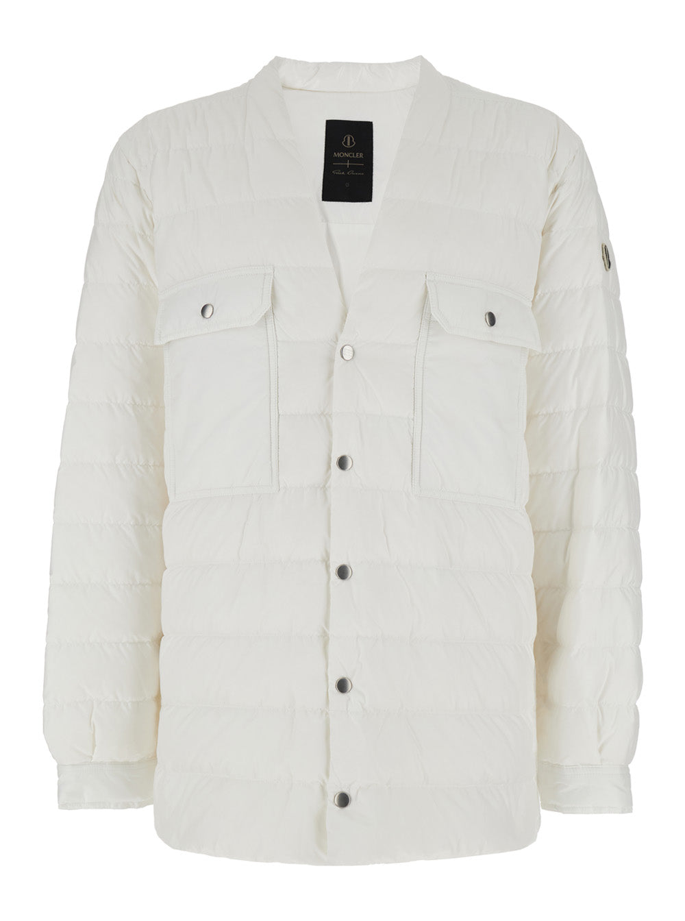 Rick Owens X Moncler Men White Down Jacket With Logo Patch On The Sleeve And Snap Buttons In Tech Fabric Man by Luosophy