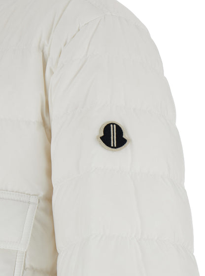 Rick Owens X Moncler Men White Down Jacket With Logo Patch On The Sleeve And Snap Buttons In Tech Fabric Man by Luosophy