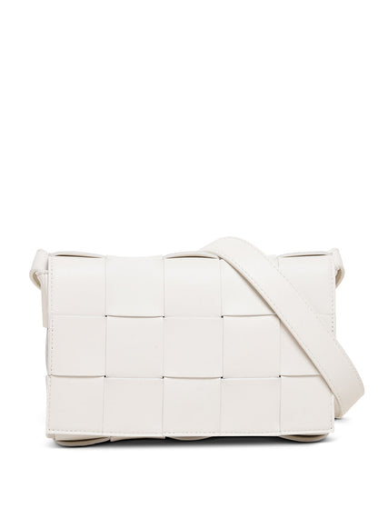 Bottega Veneta Women Cassette White Leather Crossbody Bag In Intreccio Nappa Leather by Luosophy