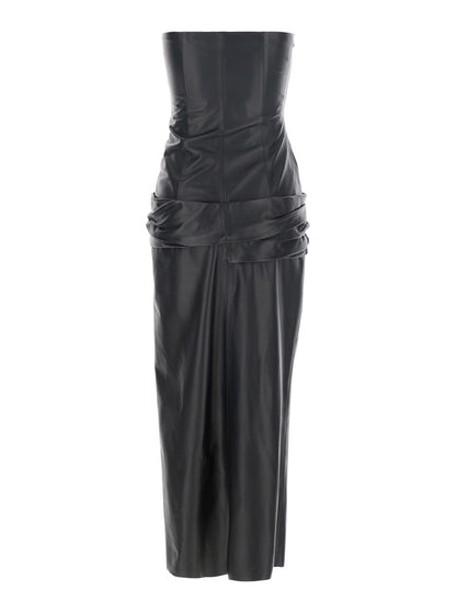The Attico Women Black Sleeveless Off-Shoulder Midi Dress With Front Single Slit And Ruched Waist In Leather Woman by Luosophy