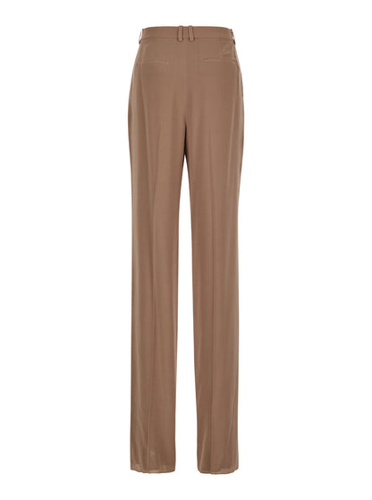 Saint Laurent Women Beige Pants With High Waist And Pences On The Front In Silk Woman by Luosophy