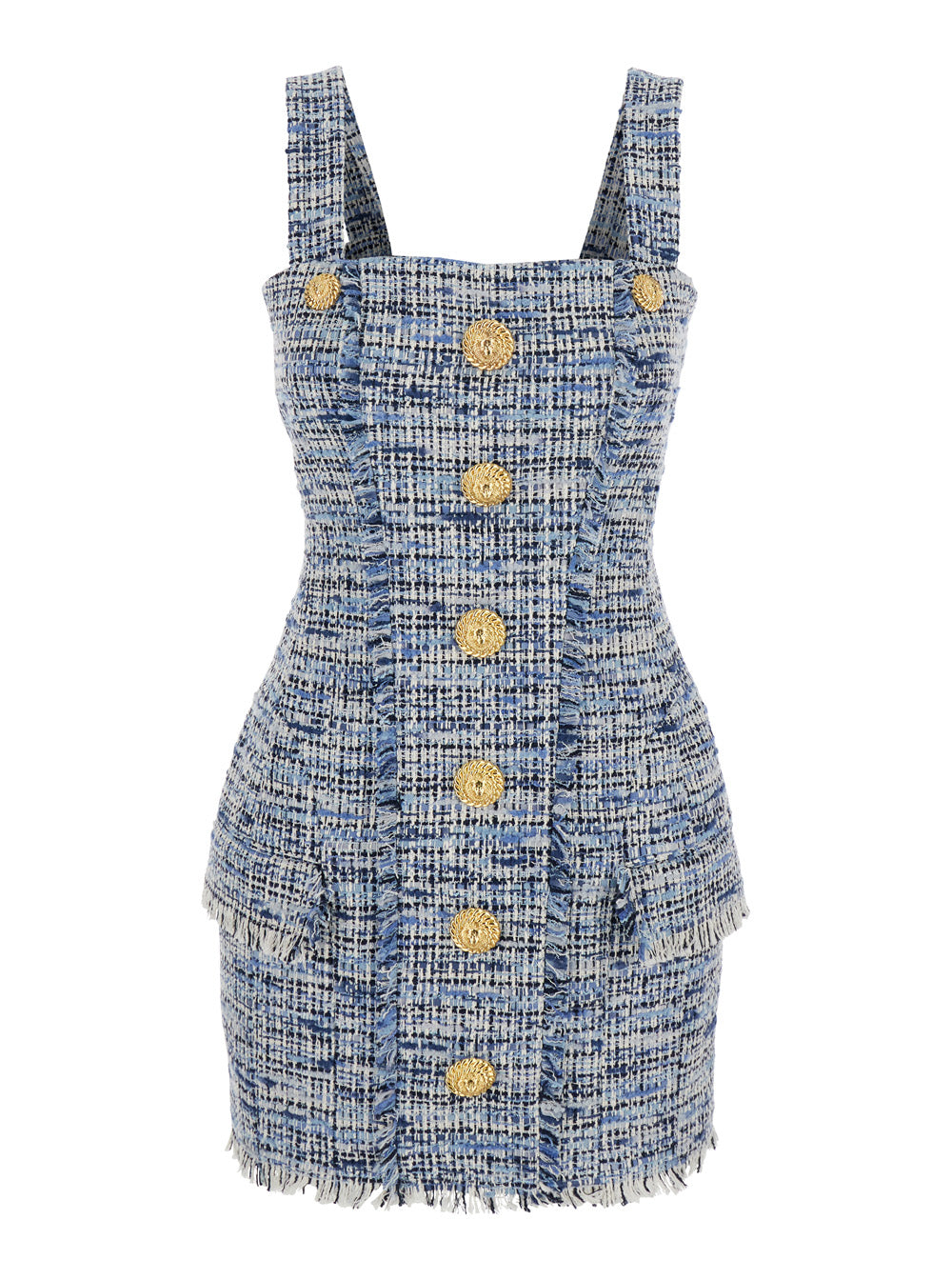 Balmain Women Blue Dress With Frayed Details In Tweed Woman by Luosophy