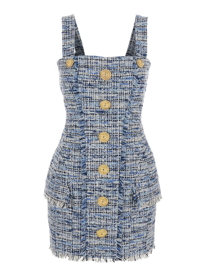 Balmain Women Blue Dress With Frayed Details In Tweed Woman by Luosophy