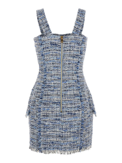 Balmain Women Blue Dress With Frayed Details In Tweed Woman by Luosophy