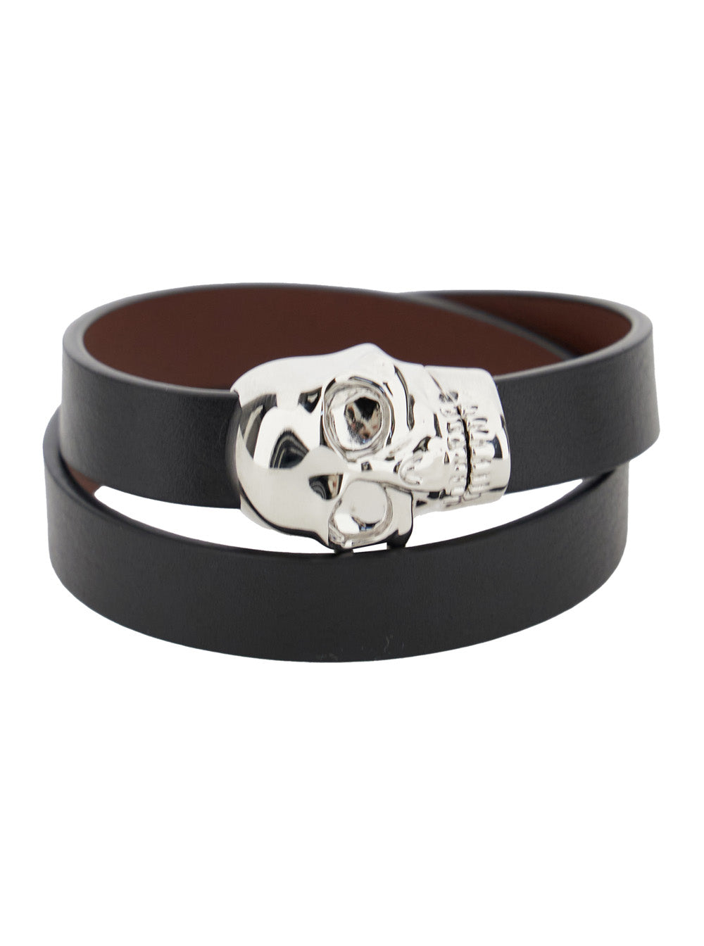 Alexander Mcqueen Men Black Bracelet With Skull Detail In Brass And Leather Man by Luosophy