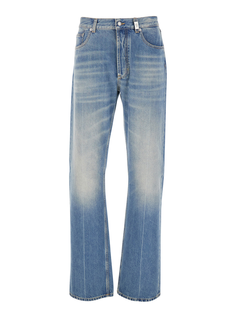 Alexander Mcqueen Men Blue High Waisted Jeans With Logo Detail On The Loop And Logo Patch On The Rear In Denim Man by Luosophy