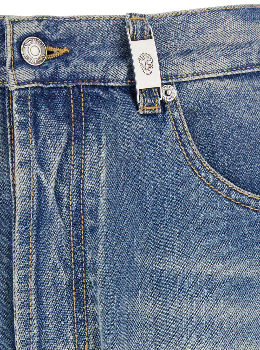 Alexander Mcqueen Men Blue High Waisted Jeans With Logo Detail On The Loop And Logo Patch On The Rear In Denim Man by Luosophy